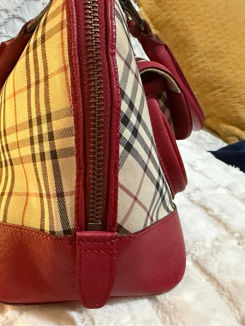 Burberry Nova Check Red Leather Turn-Lock Satchel Bag Vintage